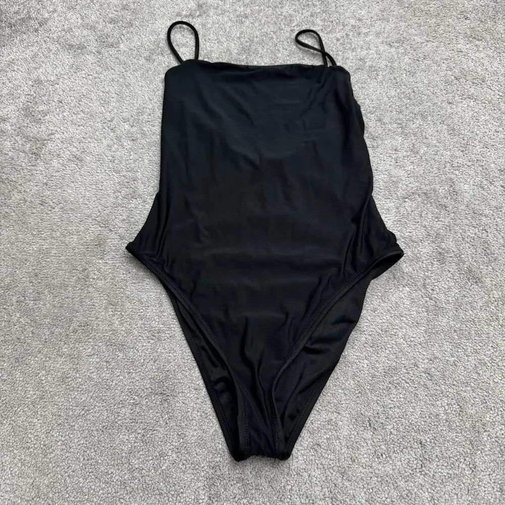 VYB Cami Straight Neck High Cut Open Back One Piece Swimsuit Women Medium Black